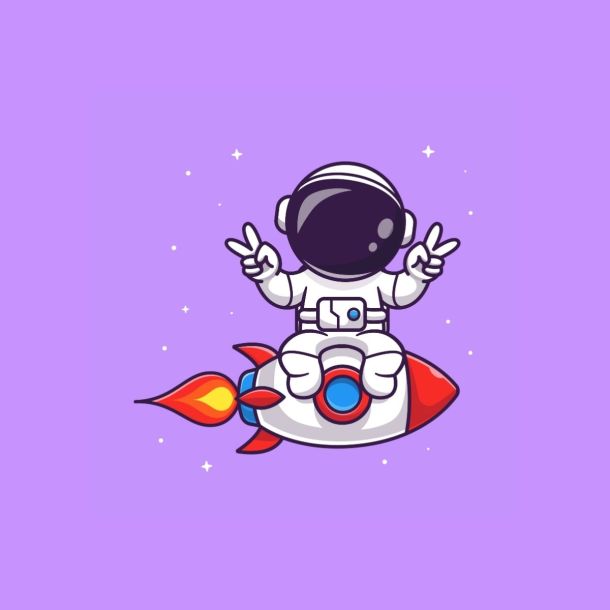 Illustration der Astronautin Nirya, grüßend auf einer Rakete sitzend